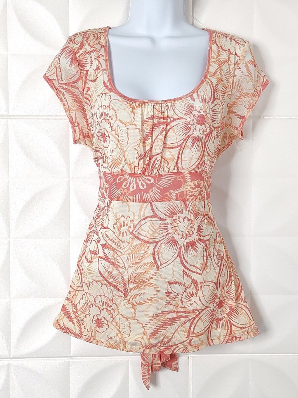 Vintage Y2K Mesh Babydoll Top Back Bow Floral Peach Axcess Fairy Coquette M-L